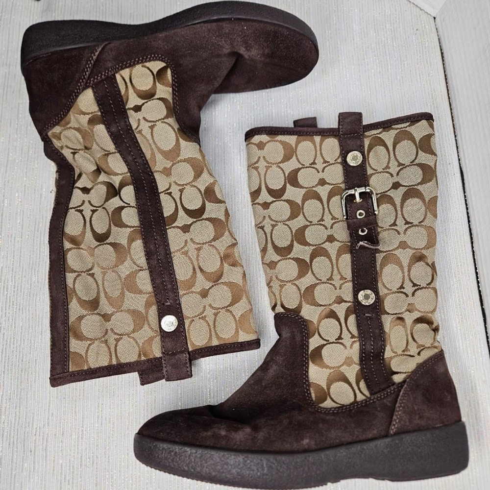 COACH TULLIP BROWN MONOGRAM BOOTS A7746 SIZE 6 TALL PULL UP BOOTS